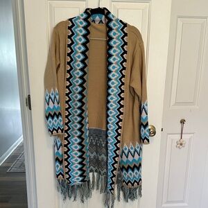 Tan and Blue Geometric Patterned Cardigan